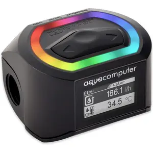 Flow meter Aqua-Computer 53293 — inline computer liquid cooling flow sensor, 1/4" thread, black, 51×43×34 mm