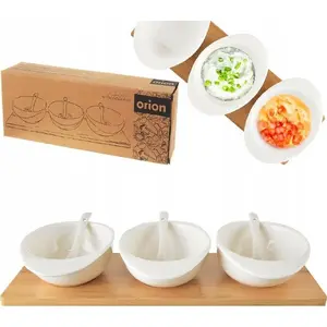 Porcelain snack bowls with spoons on tray ORION WHITELINE set 7 pcs, white, tray Ø 32 cm