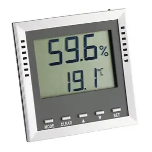 Higrometrs/psihrometrs TFA 30.5010 — iekštelpu elektroniskais, digitāls taisnstūrveida displejs, 105×105×45 mm, pelēks/ sudraba