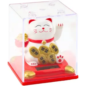 Solar Figurine Lean 'Lucky Chinese Cat' in Glass Case — white, model 24555