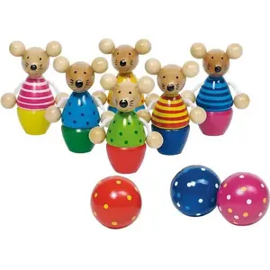 Wooden Bowling Set Goki 212460 – animal-themed mouse pins and ball, children's tabletop bowling