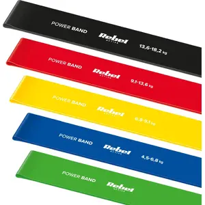 Pretestības gumiju komplekts Rebel Mini Band L — latekss, 2,3–18,2 kg, 5 gumijas, krāsains
