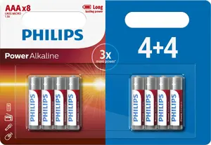 Alkaline AAA batteries Philips Power LR03P8BP/10 — 8-pack, 11 g each, blister