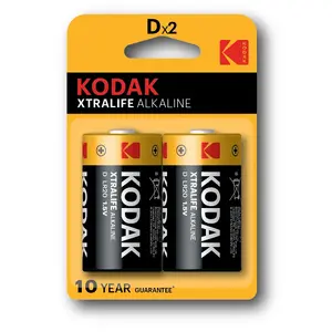 Одноразовая щелочная батарейка D Kodak KDXLR20PB2 — размер D, IEC LR20 / ANSI 13A, высота 60,5 мм, диаметр 33,3 мм