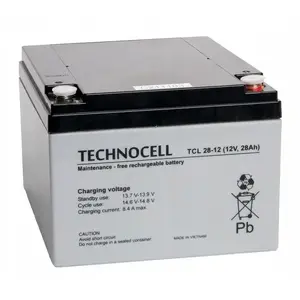 Akumulators Technocell TCL28-12 AGM 12V 28Ah — hermētisks svina-skābes akumulators rezerves barošanai un saules sistēmām