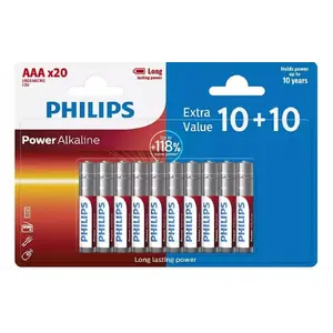 Philips AAA alkaliskās baterijas LR03P20BP — 20 gab. (10+10) AAA LR03