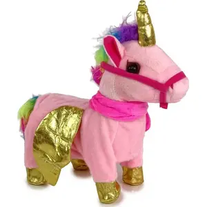 Interactive Plush Horse LEANToys Model 12684 — Pink with Gold Wings, Music