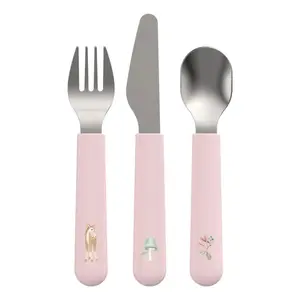 Toddler cutlery set Mepal Little Dutch 3-piece — pink plastic handles, stainless steel utensils