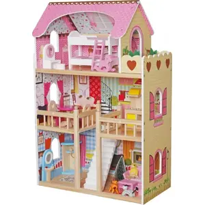 Koka leļļu māja Upominkarnia Domek dla lalek LED XXXL 60×33×90 cm ar 3 lellēm, kaķēnu un kucēnu