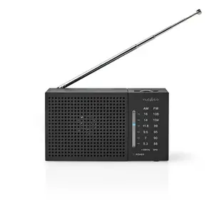 Portable radio Nedis RDFM1200BK — Analog AM/FM, 0.5 W RMS, 5 cm driver, 3.5 mm jack, black