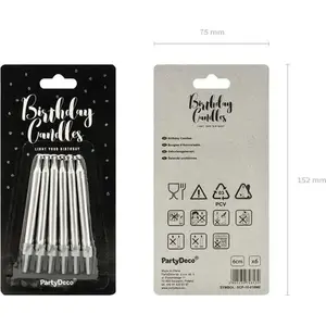 Birthday candles, silver metallic, 6 cm height, pack of 6