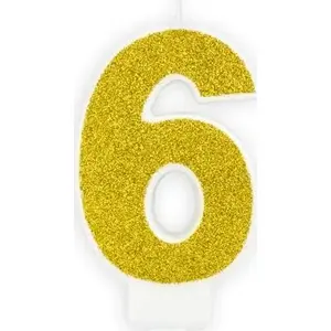Birthday candle numeral 6, gold glitter, 7 cm height, No name