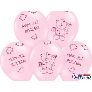 PartyDeco шарики на первый день рождения, мишка «Мне год», розовые, 30 см, 6 шт.