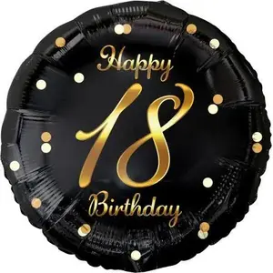 Foil Balloon GoDan Happy 18 Birthday black with gold print, 18-inch