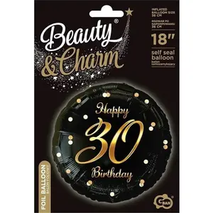 Foil Balloon GoDan B&C Happy 30 Birthday black-gold — party decoration, round/number style