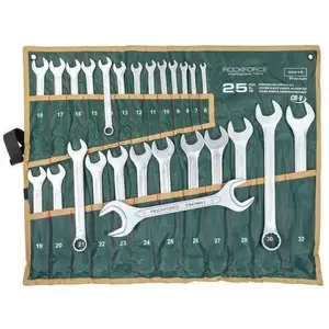 Flat-ring wrench set Rockforce RF-5261P+1 — 25 pieces 6–32 mm plus 36x41 mm open wrench on canvas roll