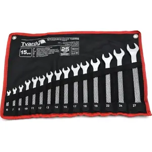 Hand wrench set GEKO T00655 — 15-piece combination wrenches 6–27 mm, CRV steel, satin finish
