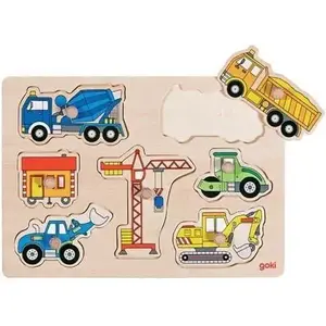 Puzzle set Goki construction vehicles with handles 244199 — wooden peg puzzle, multiple vehicle shapes
