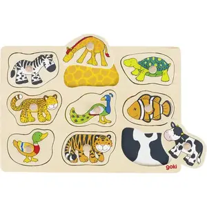 Goki wooden peg puzzle GOKI-57585 — animal motif, handle pieces, toddler puzzle