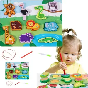 Wooden Lacing Puzzle with Magnets LEANToys 22028 — Animal Shapes, Threading Toy for Fine Motor Skills