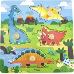 Деревянные пазлы с пиктограммами «Динозавры» - Viga Toys 445960, обучающие деревянные пазлы с ручками