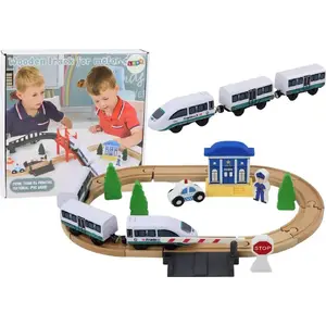 Wooden Train Set LEANToys model 17928 — 3.2 m track, bridge, police-themed accessories