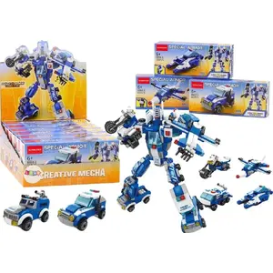 LEANToys construction blocks set — police vehicles mix: car, motorcycle, boat, airplane (model 18314)
