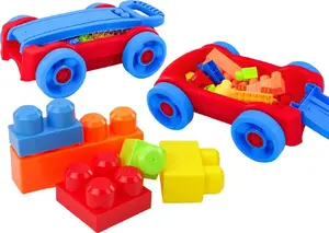Toy building blocks set in wheeled cart, LEANToys – blue and red