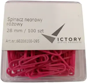 Круглые скрепки 28 мм, Victory Office Product VICTORY OFFICE PRODUCTS 60286100-095, неоново-розовые, металлические с покрытием, 100 шт в пластиковом контейнере