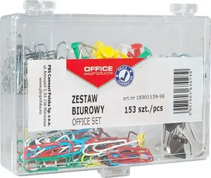 Plastic stationery box Office Products — multi-compartment container with 153 mixed pins, clips and paperclips, model 18301139-99