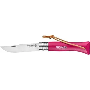 Складной нож Opinel Colorama 06 — лезвие из нержавеющей стали, деревянная рукоять с кожаным ремешком цвета клубники
