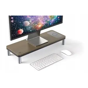 Monitora statīvs ar dokstaciju Powerton ERGO DOKY — pelēks ar tumša koka dekoru
