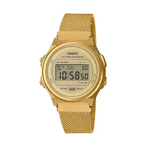 Rokaspulkstenis Casio Vintage A171WEMG-9AEF — sieviešu, sveķu korpuss, zelta, 36.6×9.2×38.8 mm, baterija 7 gadi