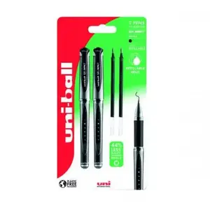 Ģela lodīšu pildspalvu komplekts uni-ball Gel Impact 153 — 2 melnas pildspalvas + 2 melni ieliktņi, līnijas platums 1,0 mm