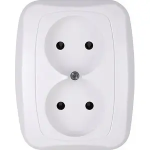 Wall double socket outlet Abex ATUT — white, flush-mounted, protective shutters