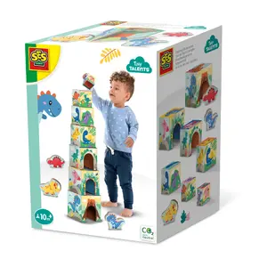 Koka kraušanas bloku torņa komplekts ar dinozauru figūrām, SES Creative Tiny Talents, no 0,8+ gadiem, daudzkrāsains