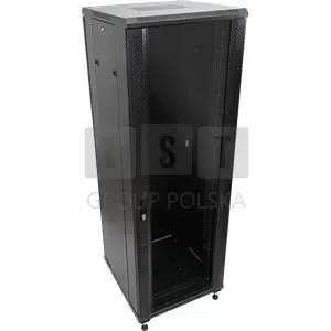 Server rack cabinet Q-LANTEC 27U 600x1000 mm — front glass door, perforated steel rear door, lock, 4 mounting rails, adjustable feet, black