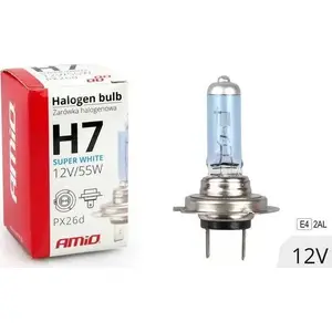 Halogen headlight bulb Amio H7 12V 55W with UV filter (E4) Super White