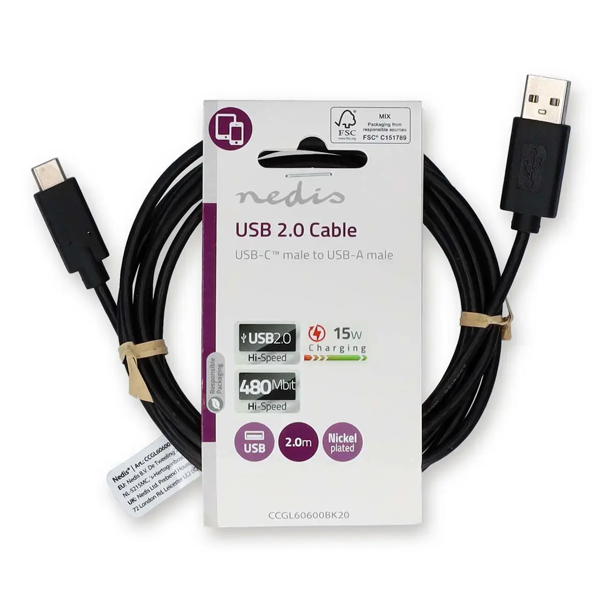 USB kabelis Nedis CCGL60600BK20 USB A–USB C 2 m Photo 3