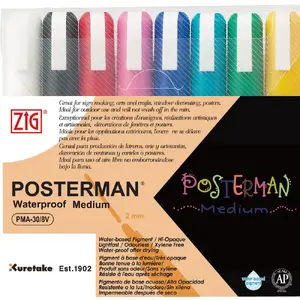 Kriļļa marķieru komplekts Artequipment ZIG POSTERMAN Medium — 8 krāsas (melna, zila, zaļa, gaiši zila, rozā, sarkana, balta, dzeltena) — apaļš korpuss — priekš stikla