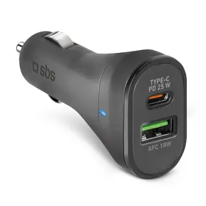 Автомобильное зарядное SBS Mobile TECRPD25W — прикуриватель 12–24 В, 1×USB-A, 1×USB-C, быстрая зарядка, чёрное