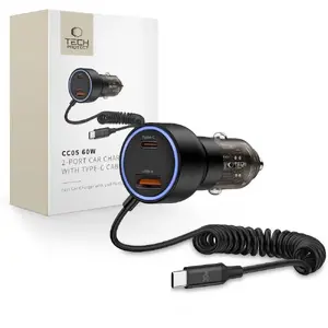 Auto lādētājs Tech-Protect CC05 — 2 porti PD60W ar kabeli, melns