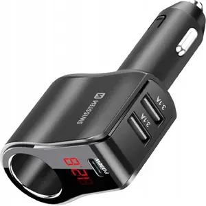 Car charger Sourcing model 20114020 — 1× USB‑C PD, 2× USB‑A, cigarette lighter socket, LED indicator
