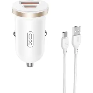 Car Charger XO CC56 PD 30W QC 1×USB-A 1×USB-C White with USB‑A to USB‑C Cable