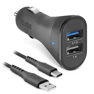 Car Charger Kit SBS Mobile USB-Type-C, 2× USB 2.0 ports, 1 m cable, 12 W, 12/24 V input, black