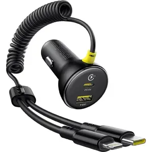 Автомобильное зарядное Baseus круглый пластиковый (USB-A + USB-C) с кабелем C–L 60W, чёрный