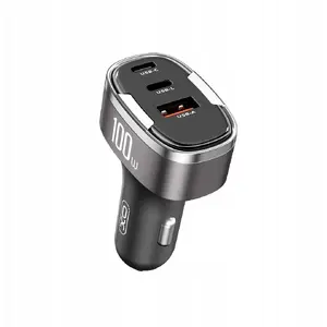 Automašīnas lādētājs XO CC61 PD QC 3.0 100W ar 1× USB-A, 1× USB-C, 1× Lightning — pelēks