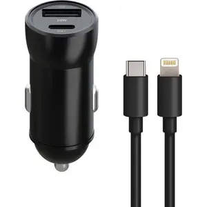 Автомобильное зарядное Maxlife MXCC-04 20W PD и QC, 1× USB‑C PD 20W + 1× USB‑A, чёрное, с кабелем USB‑C—Lightning (27W)