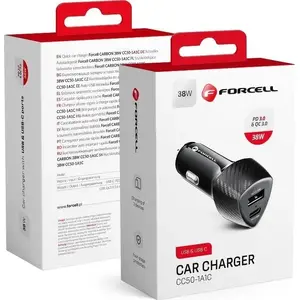 Auto lādētājs FORCELL FORCELL CARBON Type-C PD 20W + USB QC3.0 18W, kopā 38W, melns
