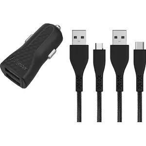Автомобильное зарядное устройство Energizer Hardcase DC2BLCMM — 2 USB порта 2,4A с встроенным кабелем USB‑C и micro‑USB, чёрное